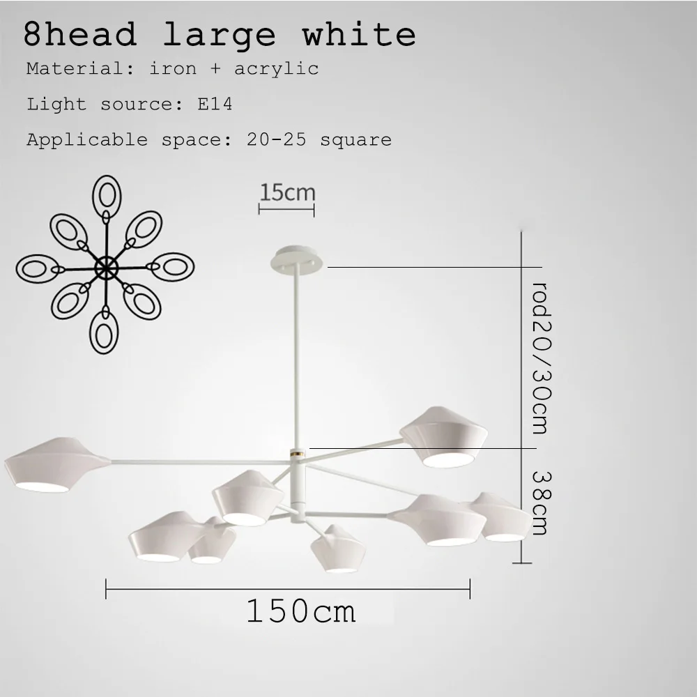 8head large white Современный Роскошный дизайнерский черный золотой белый длинный Светодиодный Потолочный подвесной светильник-Люстра для зала спальни коридора гостиной - Цвет абажура: 8head large white