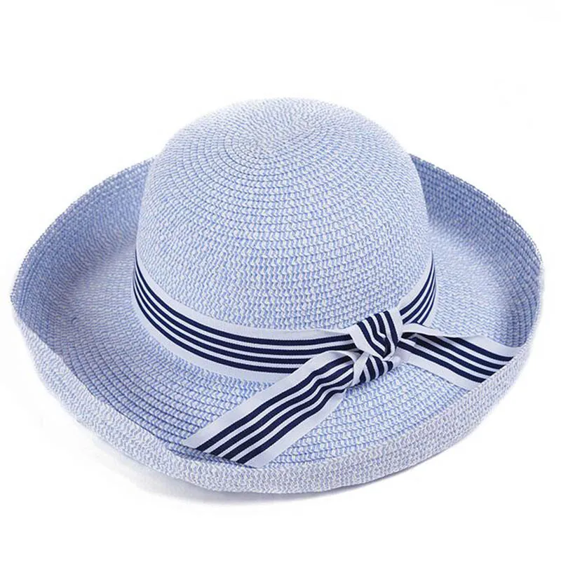 

2019 Hot Sale Round Top Glris Beach Hat Large Wide Brim Straw Hats Summer Sun Hats For Women Beach Hats Lady Pink Blue