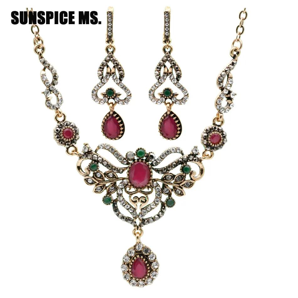 SUNSPICE-MS, серые камни, Свадебные Ювелирные наборы для Дубай, женские длинные висячие серьги, цветочное ожерелье, турецкий бренд, бижутерия, 4 цвета, Новинка - Окраска металла: LL01727red