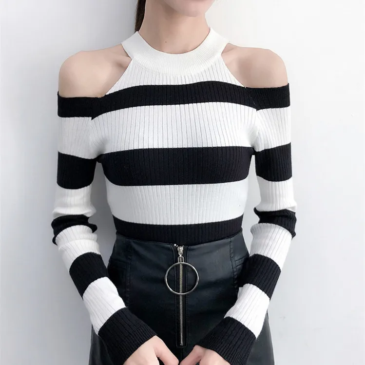 Colorfaith Women Pullovers Sweater 2019 Knitted Autumn Spring Striped Bottoming Knitwear Off Shoulder Elegant Ladies Tops SW367 | Женская