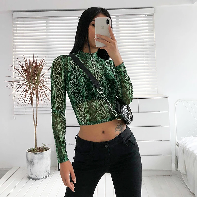 HEYounGIRL змеиный принт с длинным рукавом Футболка женская Соблазнительная прозрачная из тюли Короткие топы, Футболки Уличная Повседневная Женская футболка Вечерние