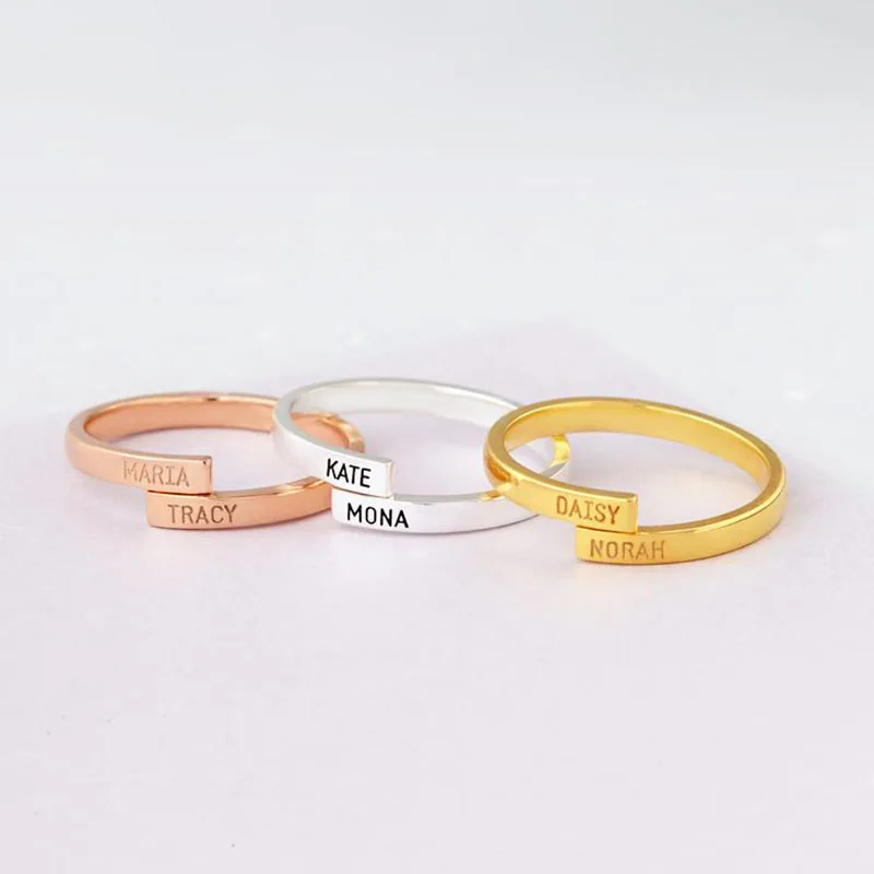 Custom TWO Name Ring Double Baguette Engraved Gold Layer wedding ring For Women Couple Lovers Jewelry Bijoux Femme | Украшения и
