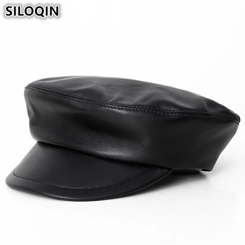 

SILOQIN Genuine Leather Hat Autumn Winter Women's Sheepskin Military Hats Elegant Flat Cap Bone Men's Tongue Caps Snapback Cap