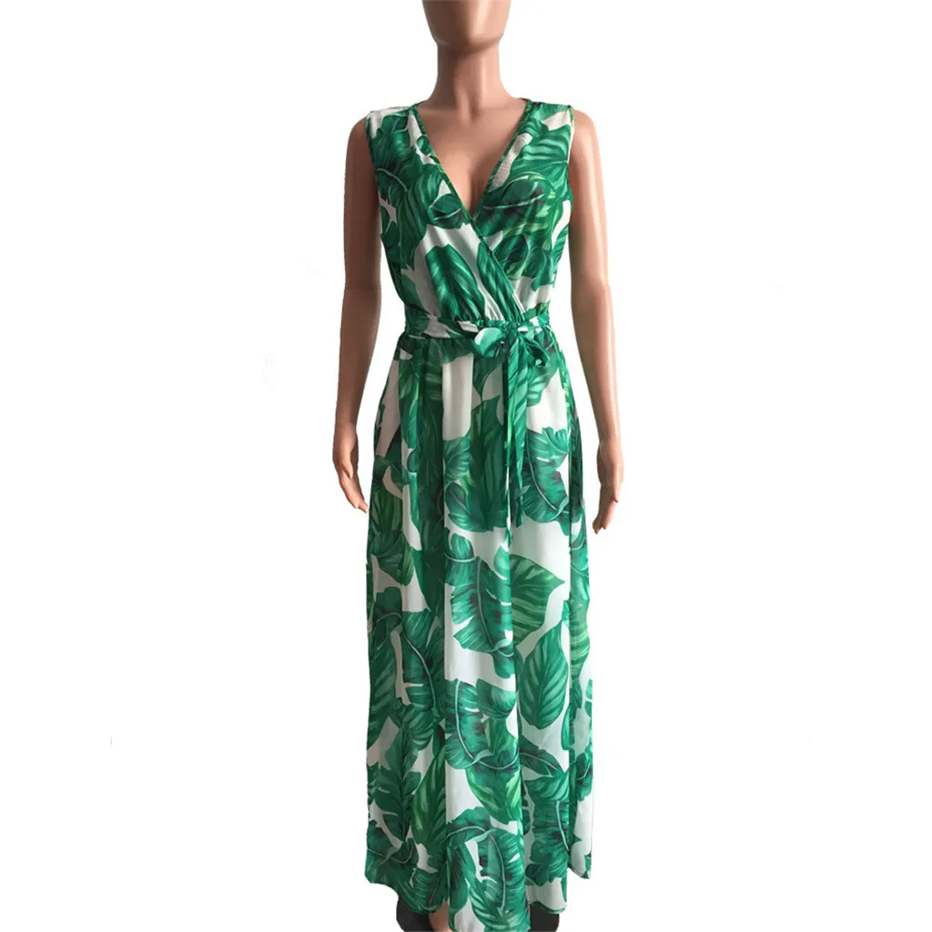 CHAMSGEND dress summer women long Sleeveless Stylish Chiffon With Belt V-Neck Printed Floral Maxi Dresses G0416#10 | Женская одежда