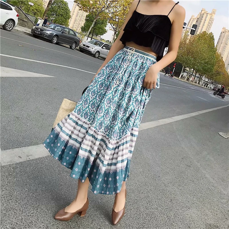 Boho шикарная Женская пляжная юбка хиппи с зеленым цветочным принтом, богемная юбка с высокой эластичной талией из вискозы, трапециевидная юбка миди для женщин