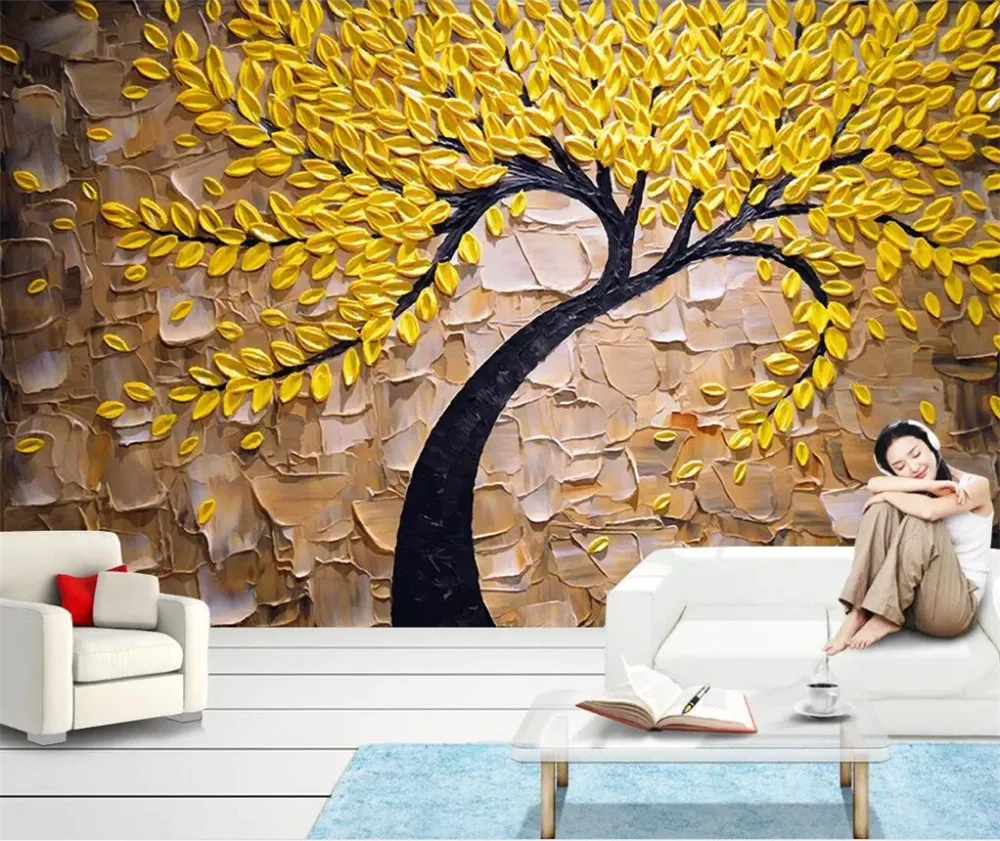 beibehang Custom wallpaper 3D yellow Fortune tree oil painting stereo photo knife tooling wealth background wall paper | Обустройство