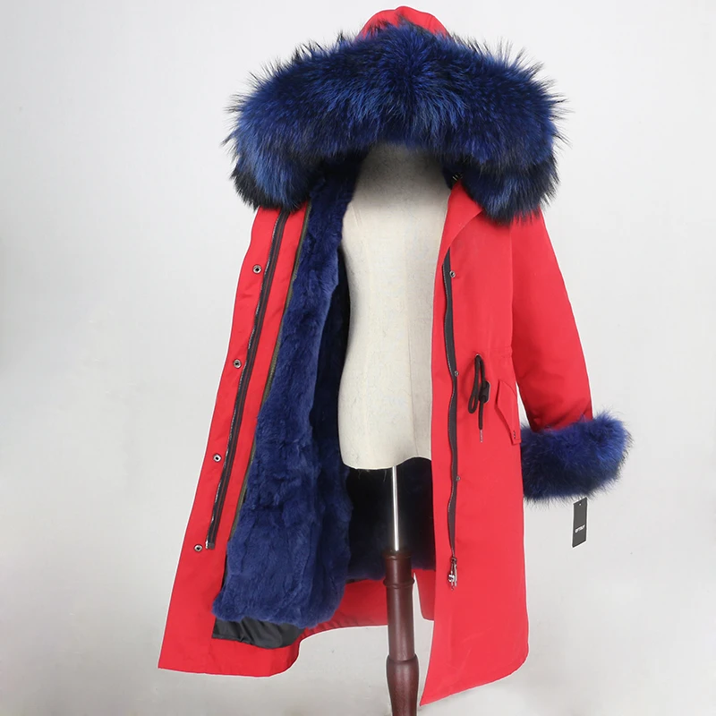 red blue OFTBUY, водонепроницаемая верхняя одежда, удлиненная парка, зимняя куртка для женщин, натуральный мех енота, капюшон, пальто из натурального кроличьего меха, теплая уличная одежда, новинка - Цвет: red blue