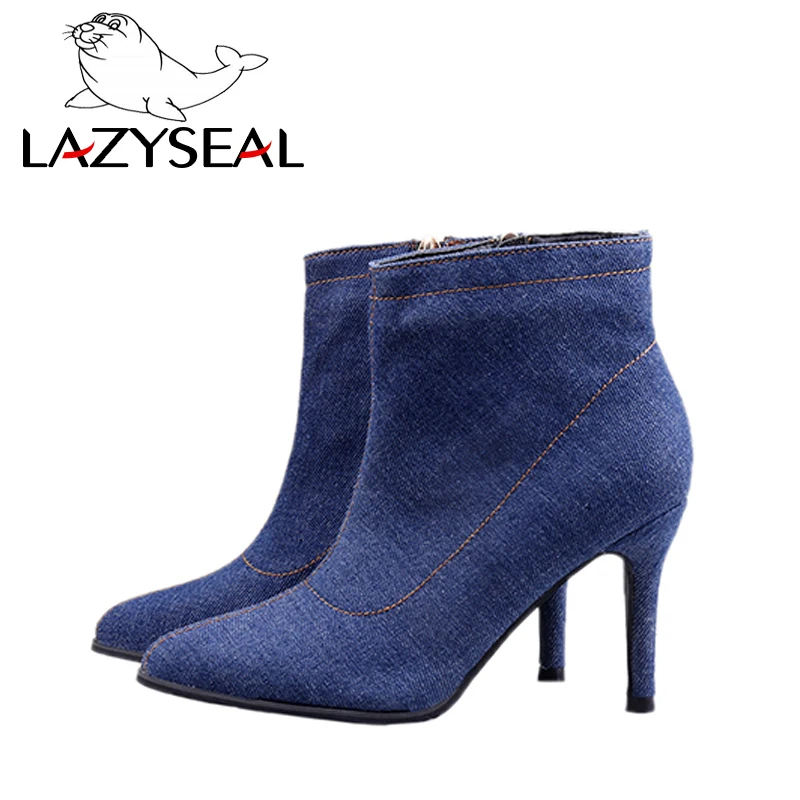 LazySeal джинсовые сапоги на шпильке женская обувь с круглым носком Zapato Mujer молнии