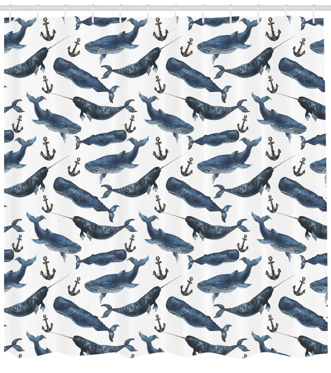 Narwhal занавеска для душа киты якоря морская биология иллюстрация кисти такт ткань