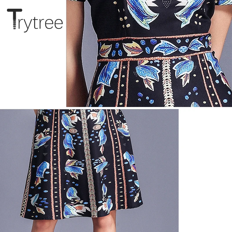 Trytree летнее осеннее Повседневное платье с цветочным принтом, бисероплетение, полиэстер, бант, воротник, женские платья трапециевидной формы, длина до колен, уличное платье