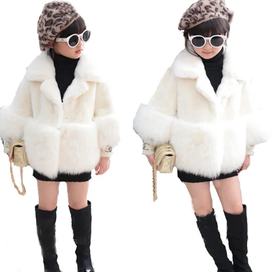 girls turn-down collar fur coat 2019 winter thicker warm white elegant soft plush chlidren outwear jackets | Детская одежда и