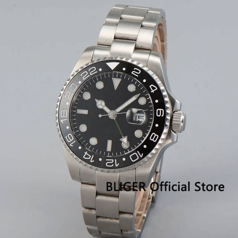 Люксовый бренд BLIGER 40 мм черный циферблат функция GMT нержавеющая сталь сапфировое