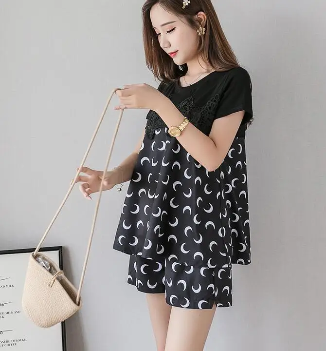 Pregnant Woman Summer Fashion Clothes Set Short Sleeve O-neck Cotton Patchwork Chiffon Floral Shirts+Belly Shorts Twinset Suits | Мать и