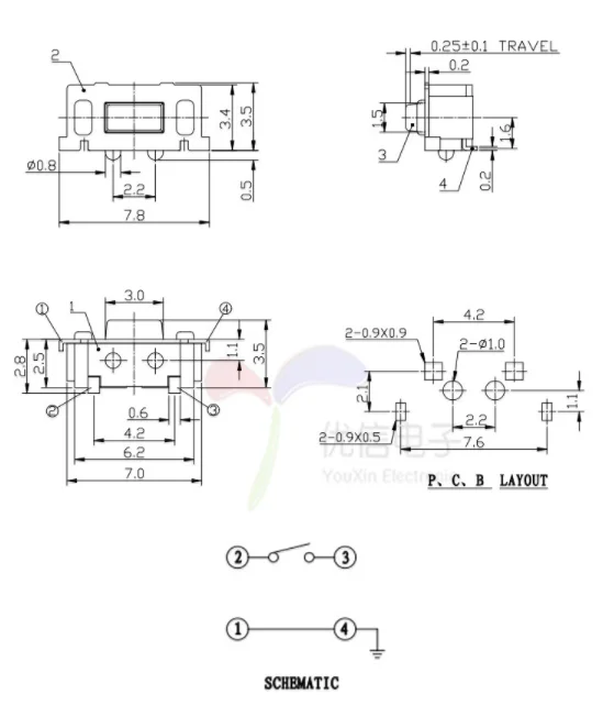 100 шт микро, тактовый сенсорный выключатель 3*6*3,5 3x6x3,5 SMD для MP3 MP4 Tablet PC кнопка Bluetooth гарнитура пульт дистанционного управления