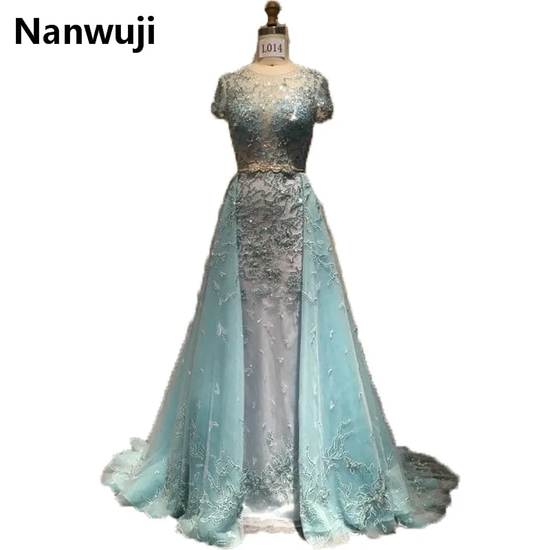 

2017 New Real Sample Evening Dress With High Neck Luxurious Detachable Train See Through Back Prom Dresses