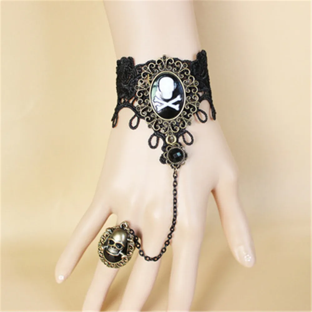 Vintage Charm Steampunk Black White Lace bracelet Retro Gothic Rose Flower Finger Hand Chain Harness bangles | Тематическая одежда