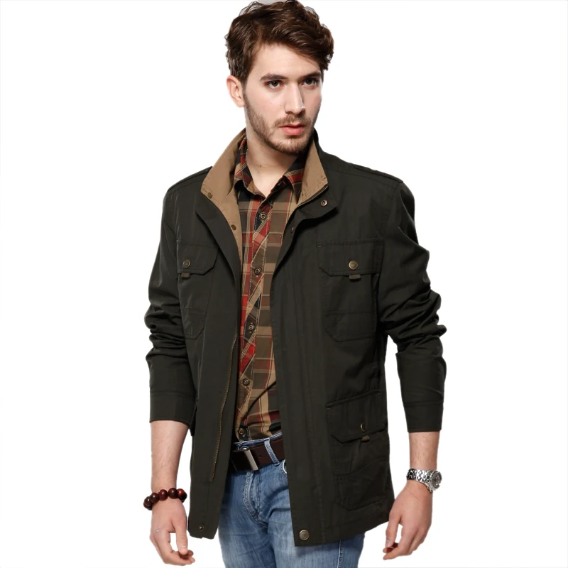 Autumn 2015 new European and American men's jacket collar multi-pocket big yards long section of thin coat | Мужская одежда