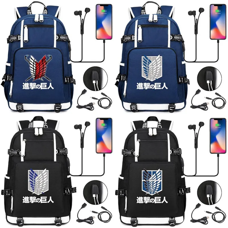 

Attack on Titan Wings of Freedom Backpack BookBags USB Port Bags Laptop School Travel Girls Boys Rucksack Mochila Gift