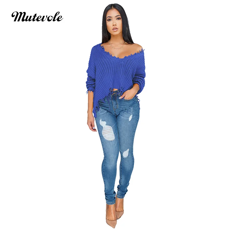 Mutevole V Neck Sweater Crop Top Women Winter Warm Knitted Pullover Female Casual Solid Color Long Sleeve Basic | Женская одежда
