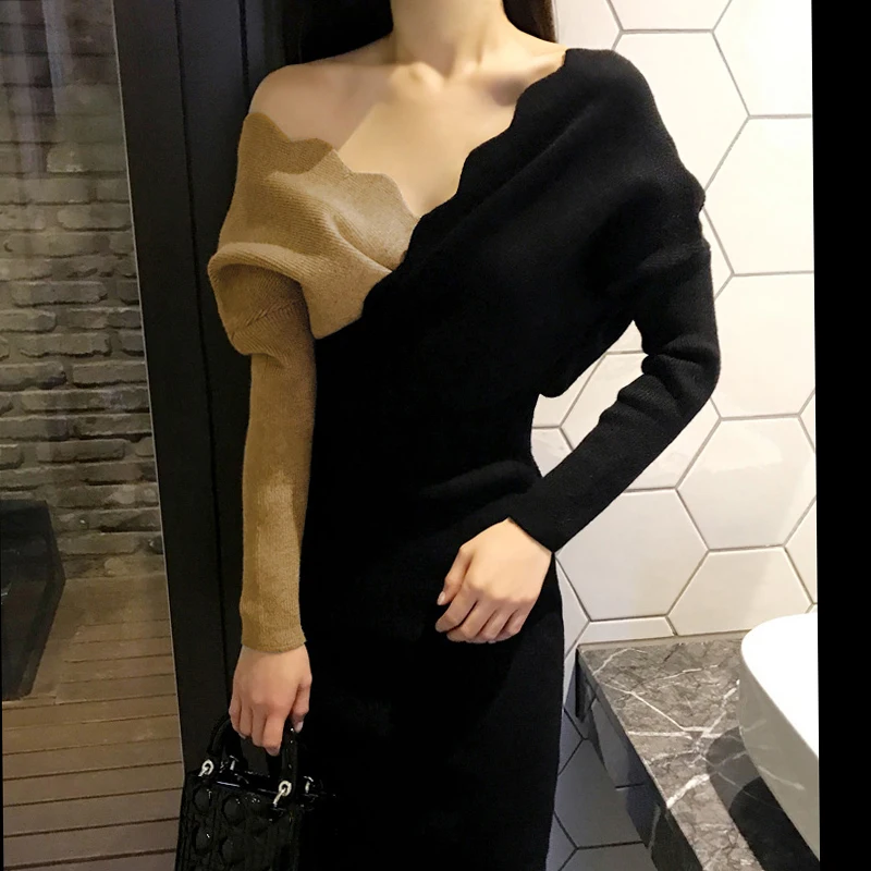 Knitted Dress Women Autumn Winter 2019 New Korean Long Sexy V-neck sweater women's long-sleeved bag hip bottoms WYT563 | Женская