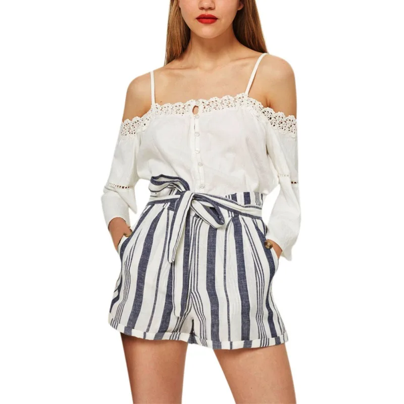 Женские свободные повседневные шорты в полоску с карманами со средней талией