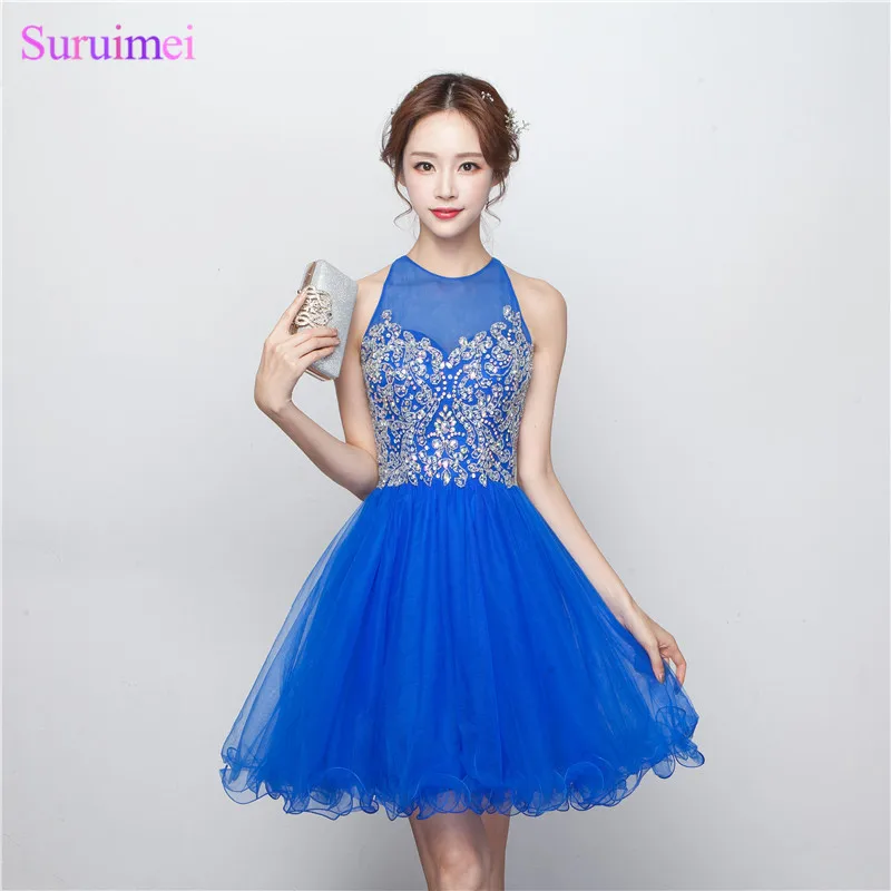 

Short Beaded Homecoming Dresses Knee Length High Quality Tulle Backless Key Hole Royal Blue Girls Party Gown