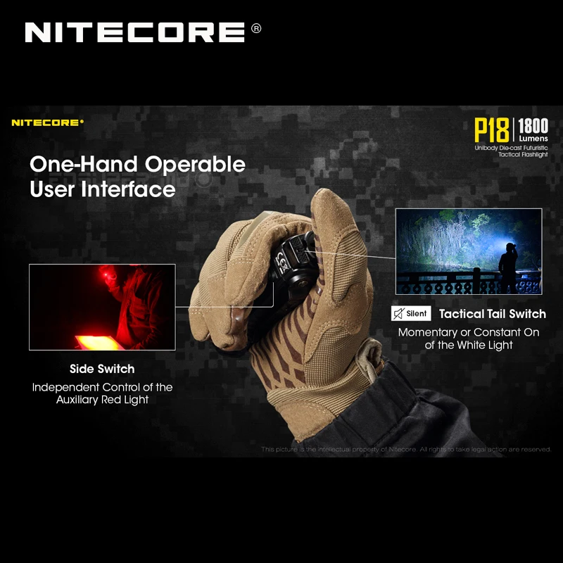 Nitecore P18 светодиодный вспышки света CREE XHP35 HD 1800 люмен светодиодный тактический фонарь с вспомогательный красный свет на 18650 Батарея