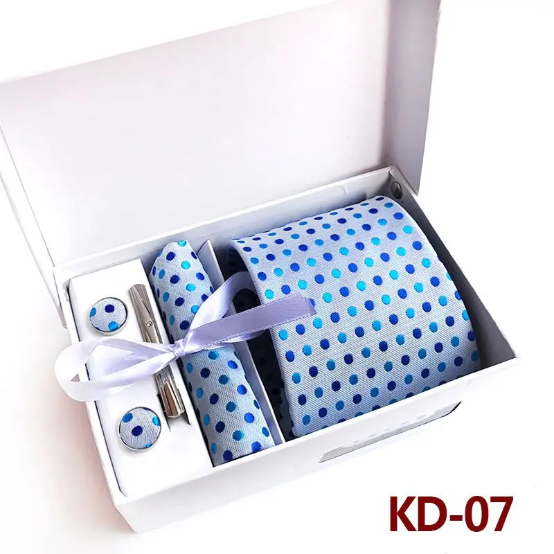 KD07 Новинка, модный галстук, набор, полиэстер, шелк, 8 см., галстуки в горошек, мужские галстуки для мужчин, галстук, платок, запонки, подарочная упаковка, KD01 - Цвет: KD07