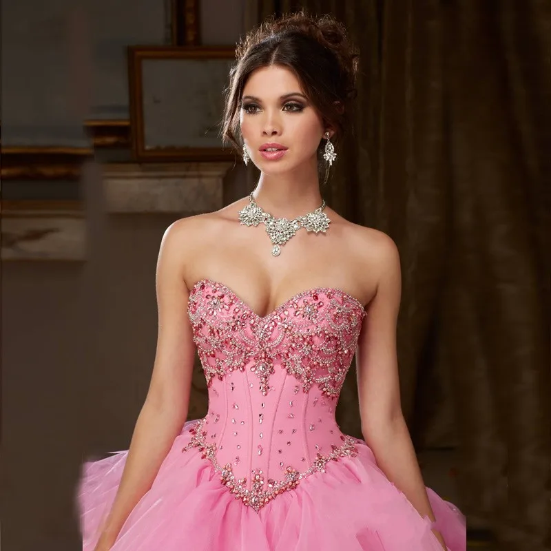 Розовый Красное бальное платье без бретелек Quinceanera Многоуровневая органза Длинные сладкий 16 платье бисером Платье с цветочным рисунком бальный наряд с Болеро - Цвет: Розовый