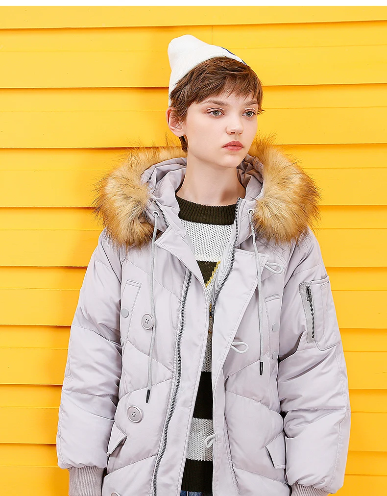 Toyouth 80% зимняя куртка из утиного пуха, Куртка Сплошной Цвет меховой воротник с капюшоном и застежкой-молнией средней длины; зимняя куртка-парка; высокое качество