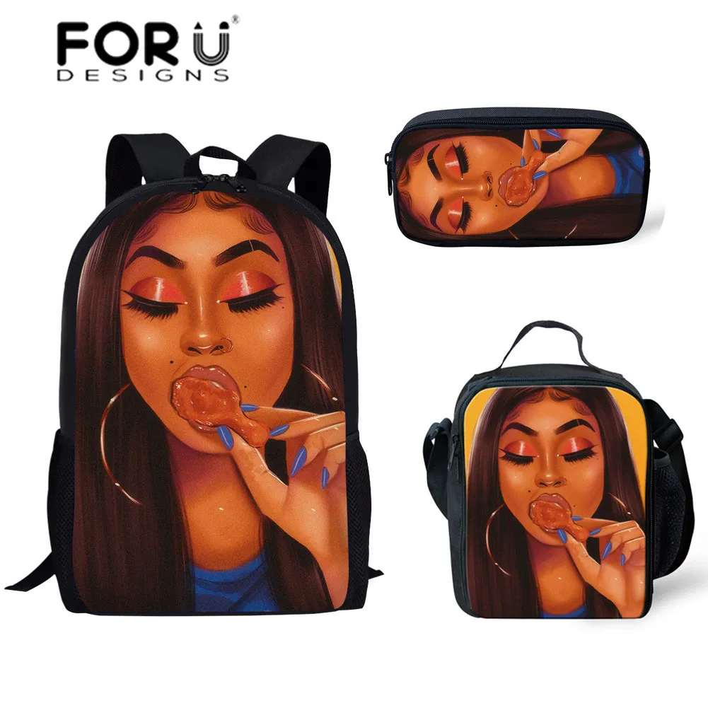 FORUDESIGNS/афро леди для девочек черного цвета Magic печати рюкзак женщин 3 шт./компл.