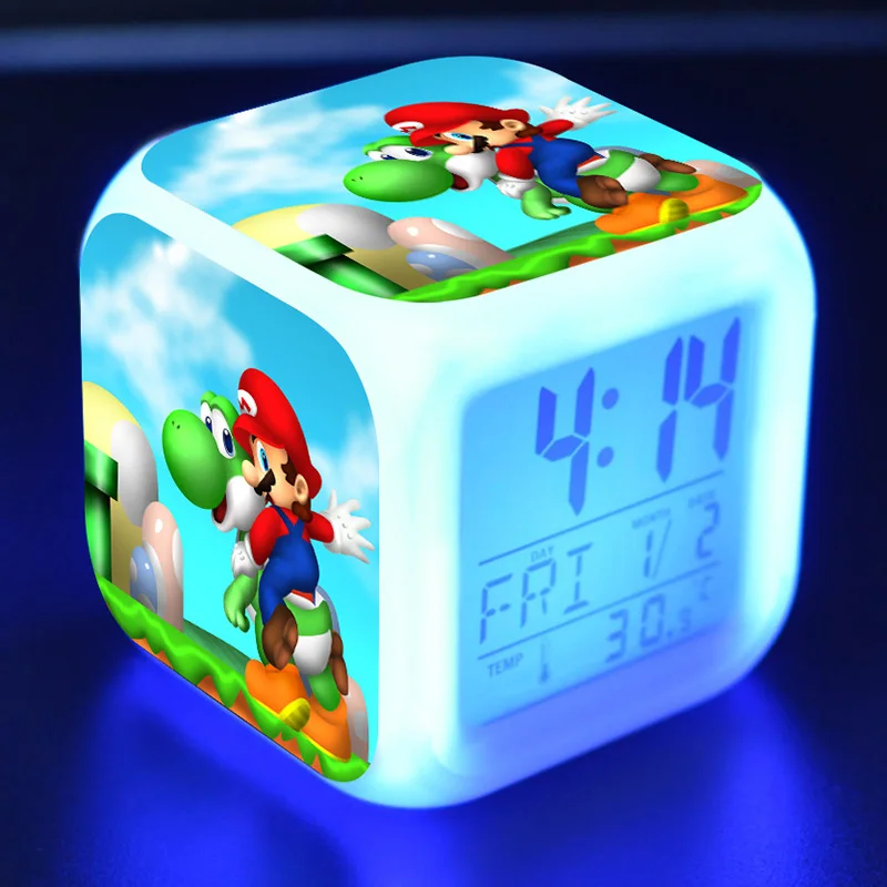 Аниме фигурки Super Mario Bros кукольные часы будильник светодиодный цветной светильник термометр Марио Йоши Фигурки игрушки для детей