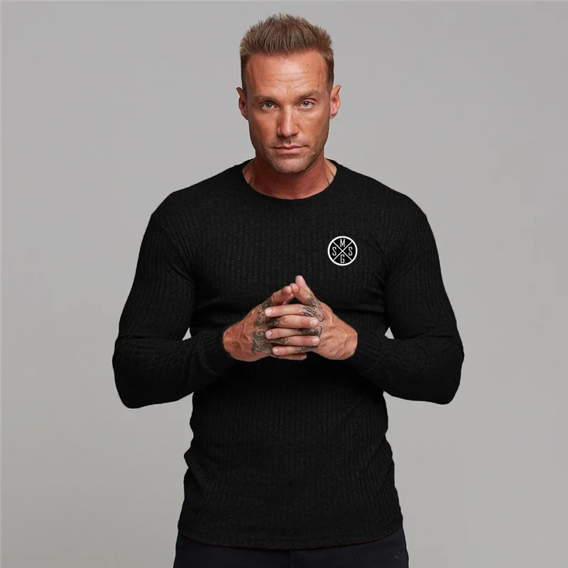 

Muscleguys Brand Solid Color Long Sleeve T-shirt Men Slim Fit Sweater Tracksuit Pullovers Casual Fitness Men Sportswear Big Size