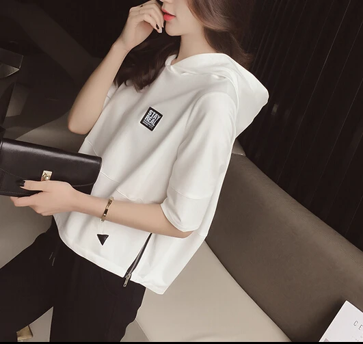 

Autumn Women Loose Casual Pullover Top Hooded White Short -Sleeve Sweatshirt Hoodies +Harem Pants Two Pieces Side Zipper