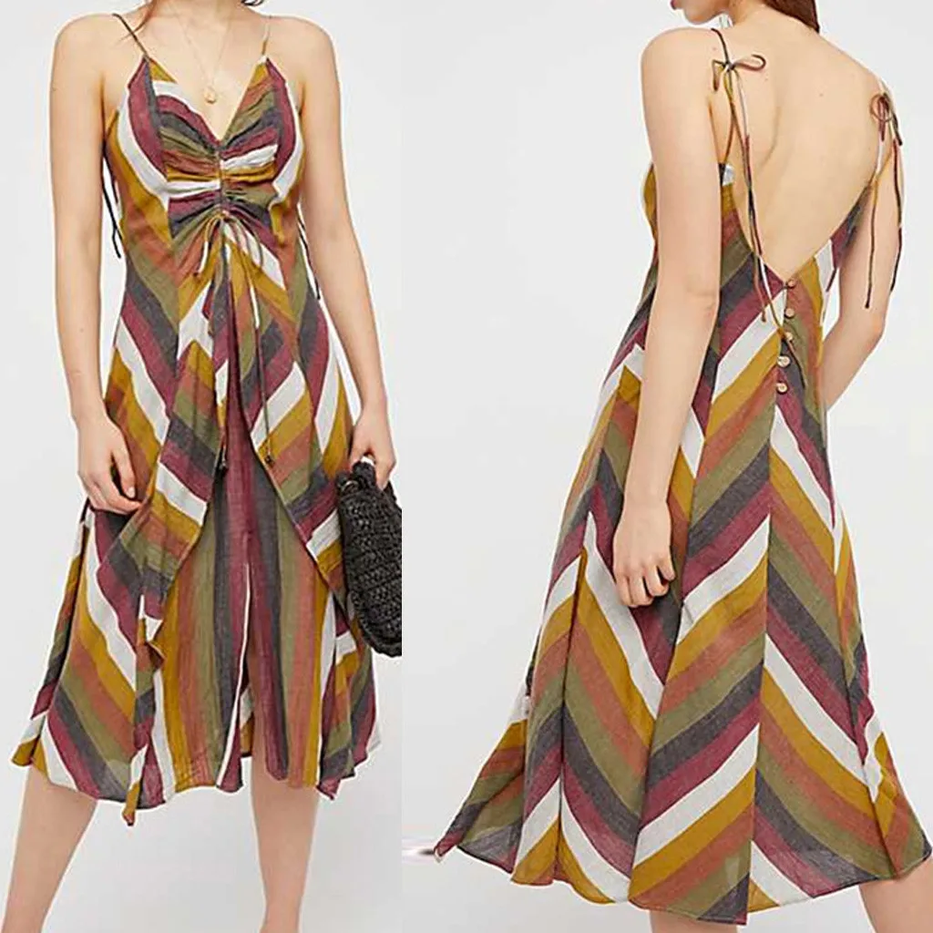 Women's Striped Suspender Chiffon Print Pleated Split Holiday Dresses Summer Casual Beach Sleeveless V-Neck Dress G0322#20 | Женская