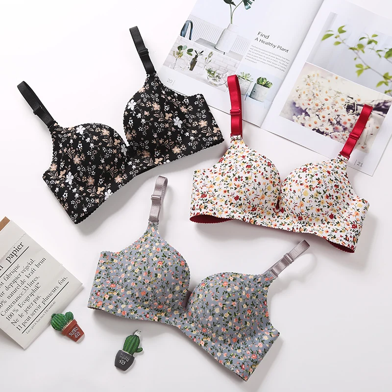 

Sexy Lingerie Flower Print Gathered Bras Women Floral Push Up Seamless Bra Underwear
