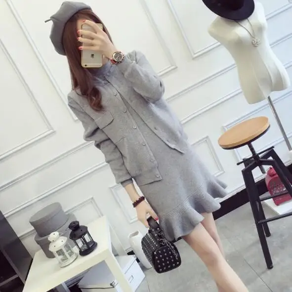 Женский трикотажный Костюм двойка с юбкой годе кашемировый свитер рюшами и зима