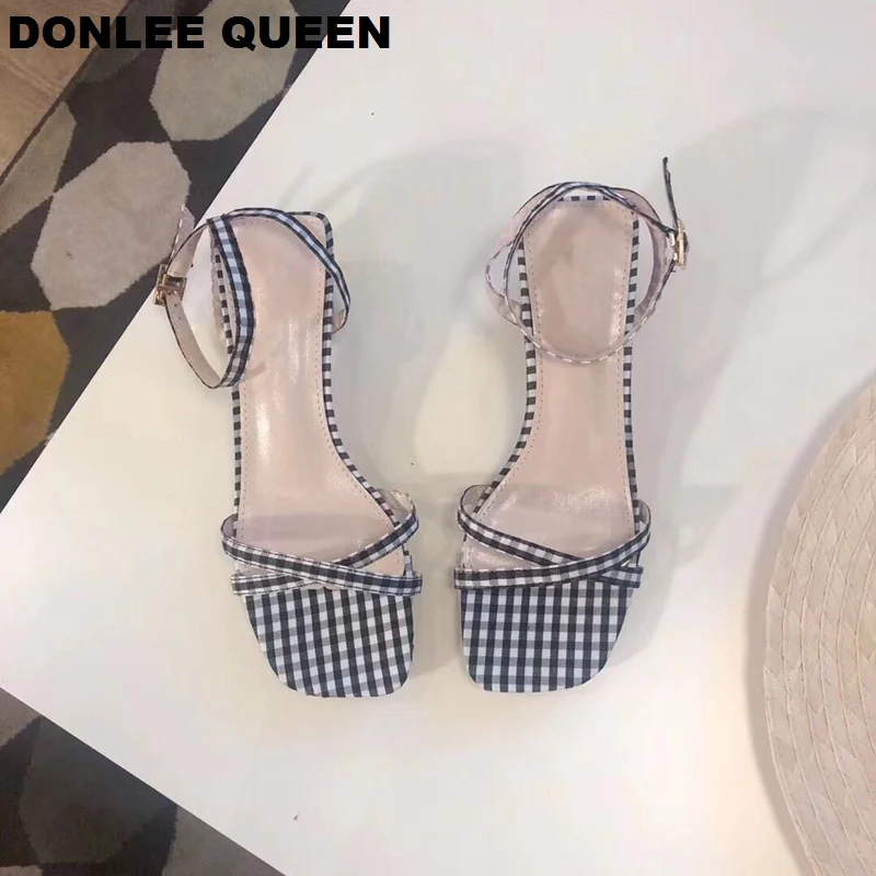 2019 Fashion Plaid Fabric Narrow Band Cross Women Sandals Square Heel Ladies Concise Summer Shoes Ankle Strap Back | Обувь