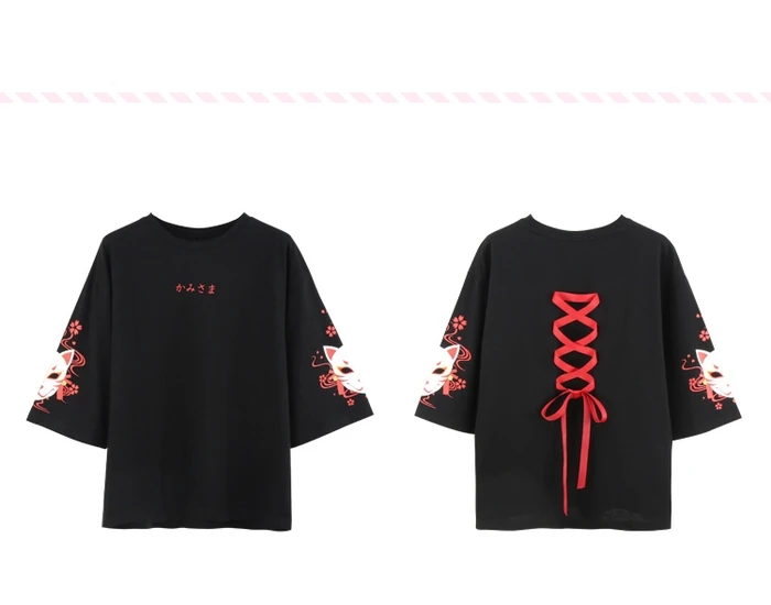 Японский Harajuku футболка для женщин Винтаж Kawaii аниме кошка девушки черные топы Лолита готический животный принт негабаритных милые футболки