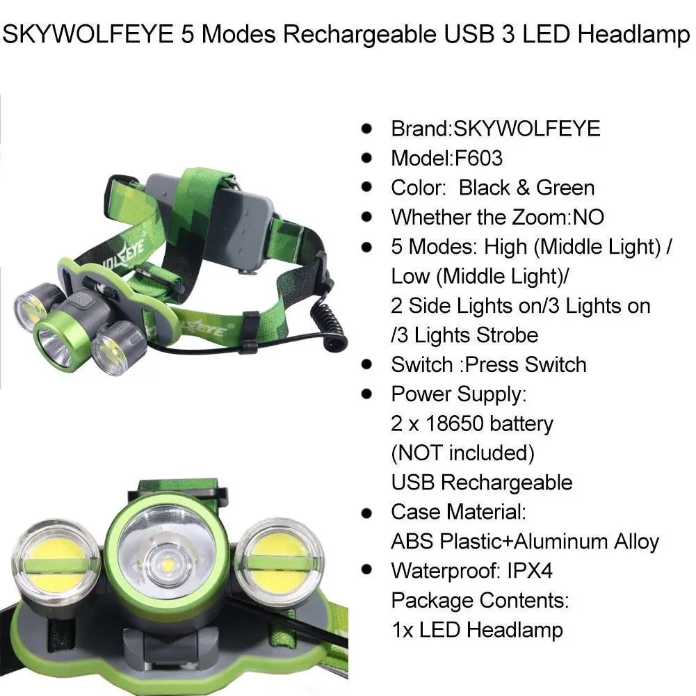 Skywolfeye факел налобный фонарь 8000LM USB перезаряжаемая фара зум 18650 батарея самая
