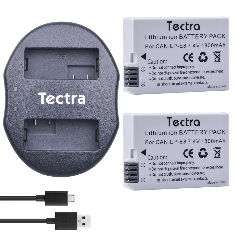 Tectra 2Pcs LP E8 LPE8 литий ионный аккумулятор + USB двойное зарядное устройство для Canon EOS