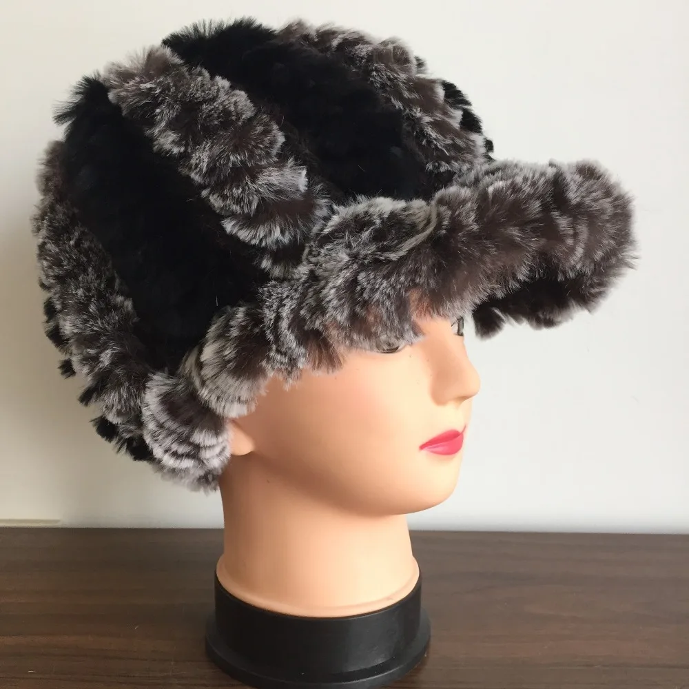 Женские вязаные шапки с козырьком из натурального кроличьего меха зимние теплые