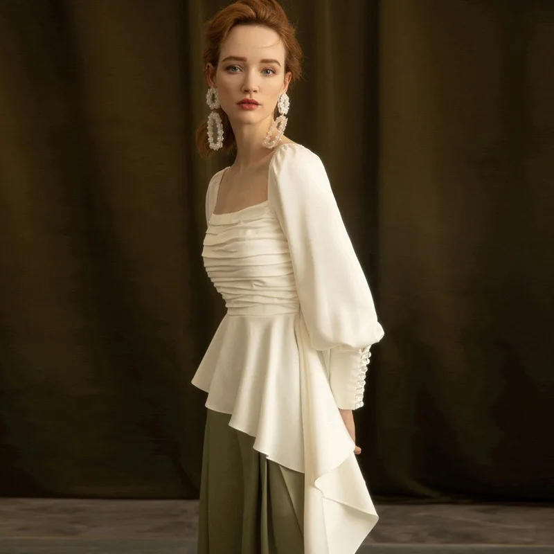 Женская блузка с вырезом лодочкой Cakucool атласное со складками и длинным рукавом