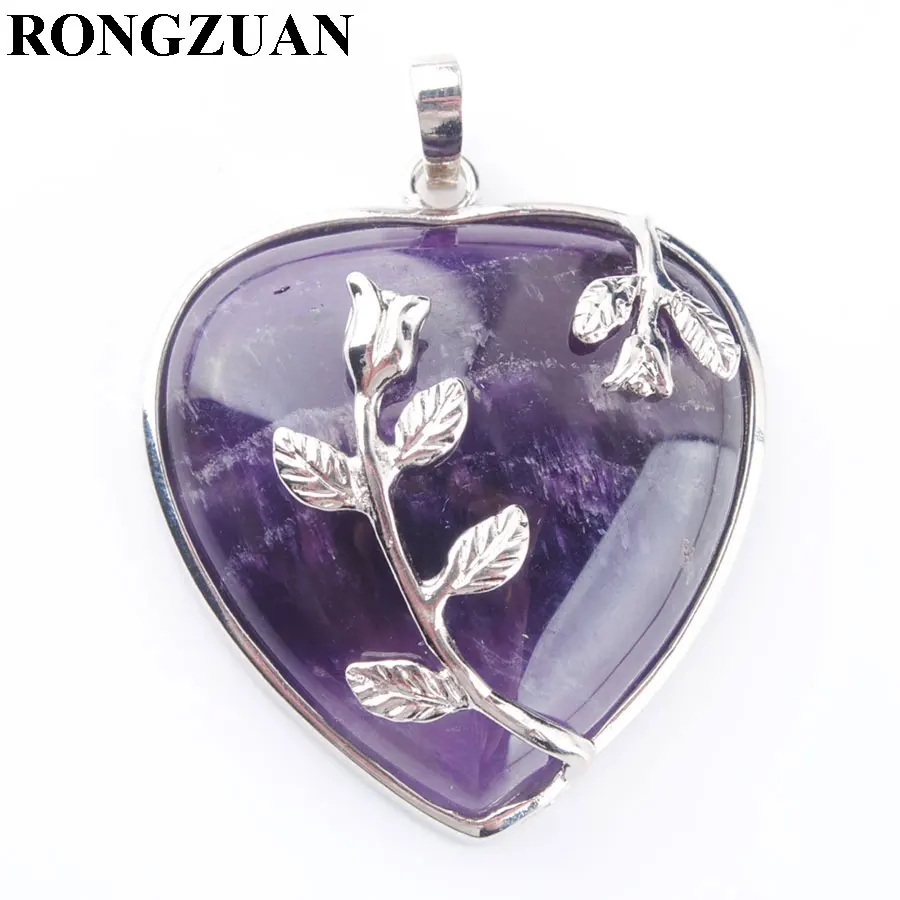 RONGZUAN Love Heart Pendant Necklace Chain Natural Amethysts Gem Stone Jewelry Flower &amp Women Jewellery TN3181 | Украшения и