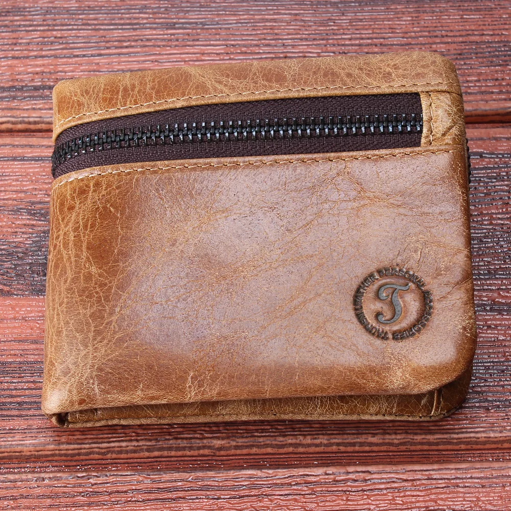 

Genuine Leather Mens Wallets Brand Brown Zipper Design Bifold Short Men Purse Male Clutch With Card Holder Coins Purses Wallet