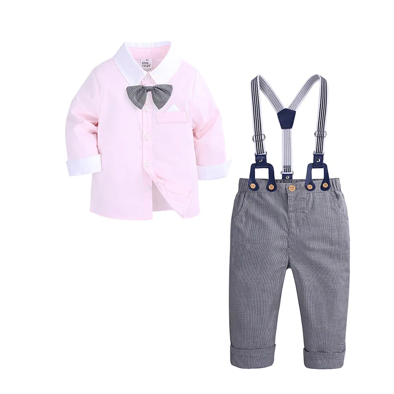 2PCS Kids Boys Clothes Sets 2019 Spring Plaid Blue Pink Shirt+Suspender Jeans Pant Children Gentleman Bow Tie Boy Outfit | Детская