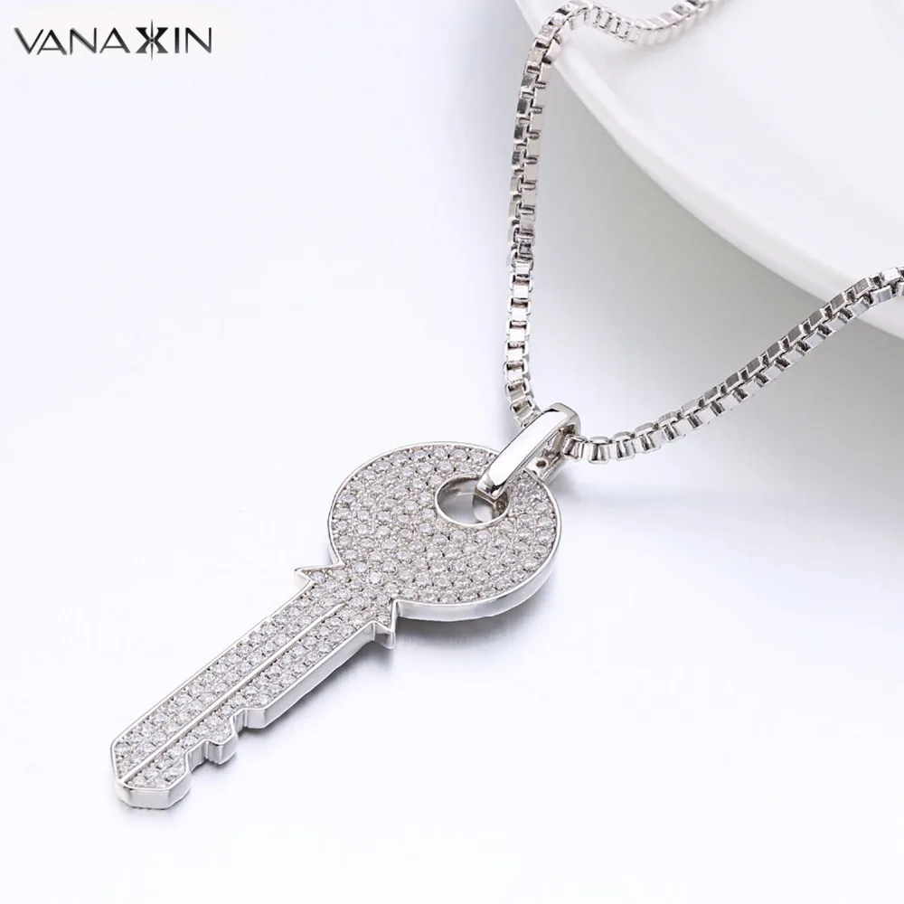 

VANAXIN Key Necklace Pendant Shiny Cubic Zircon Iced Out Gold/Silver Color Fashion Statemement Jewelry Women Men High Quality