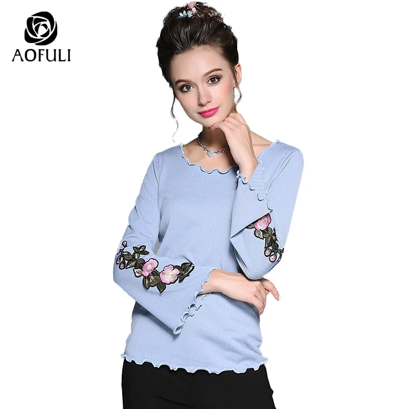M- 4xl 5xl Flower Embroidery Long Sleeve Tops Women Autumn Flare Pullover Wavy Ruffle Knit Sweater Big Size Knitwear 6209 | Женская