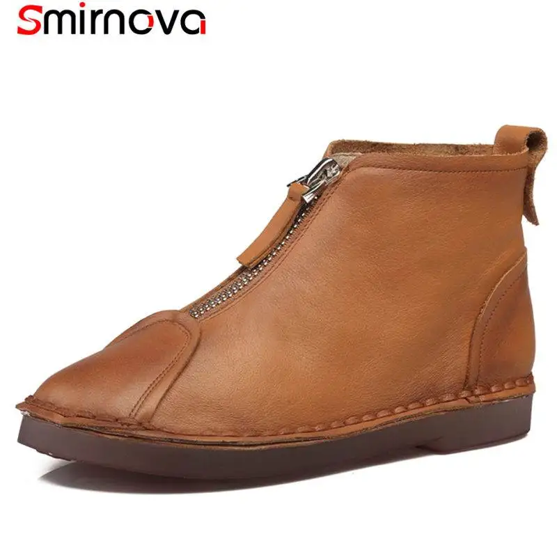 

Smirnova PLUS SIZE 34-43 2018 HOT fashion zip genuine leather boots flat with platform ankle boots for women autumn boots