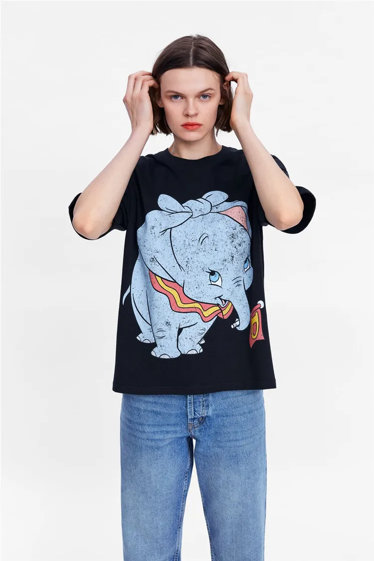 Dumbo женская футболка с принтом Футболка с животными Kawaii футболка смешной короткий рукав футболки женские чисто черные топы женские ZR